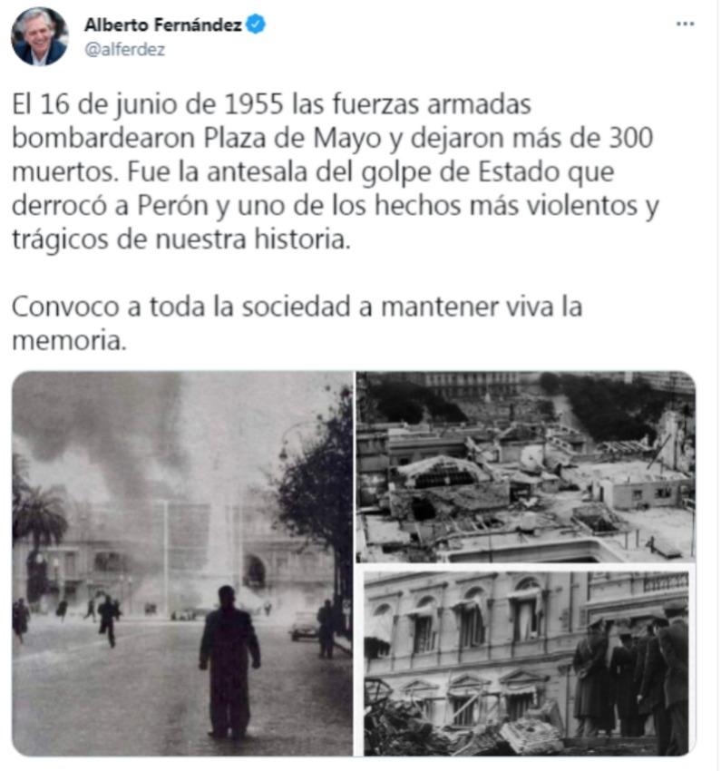 Alberto Fernández recordó el bombardeo a Plaza de Mayo