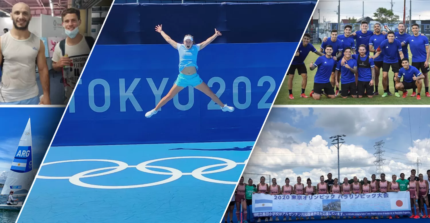 IMÁGENES. Lucenti, Schwartzman, Guaragna, Podoroska, los chicos del fútbol y las chicas del hockey (con “Vicky” Sauze); todos esperan la competencia. 