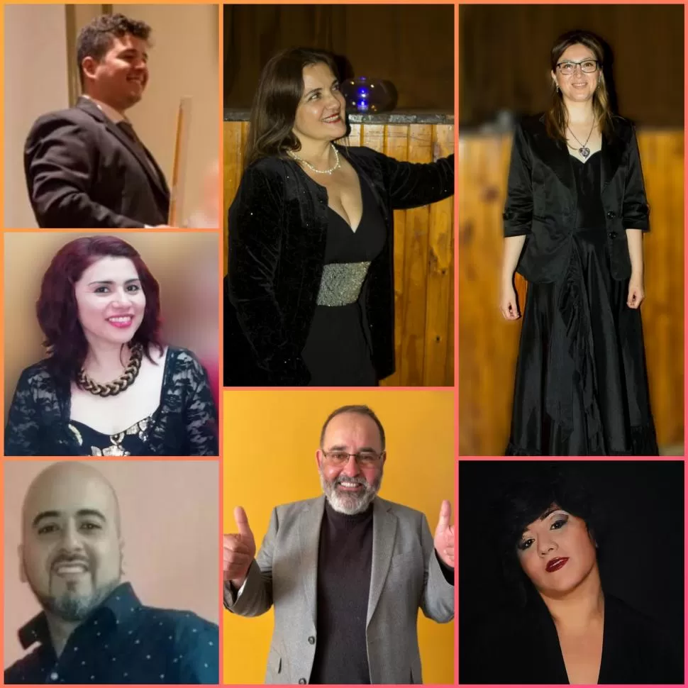 LOS CANTANTES. María Silvia Soria (al centro, arriba) rodeada de los cantantes que intervienen en la gala.   