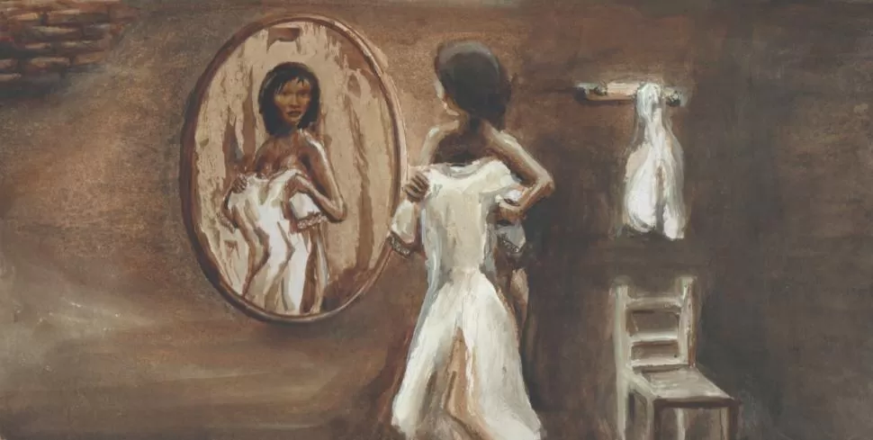 “MESTIZAJE”. Así se titula la obra del artista tucumano Hugo Carrizo, realizada para la tapa del libro de Zamora. Representa una mujer indígena del servicio doméstico de una casa española, probándose el vestido viejo de la señora, que recibió como pago.  