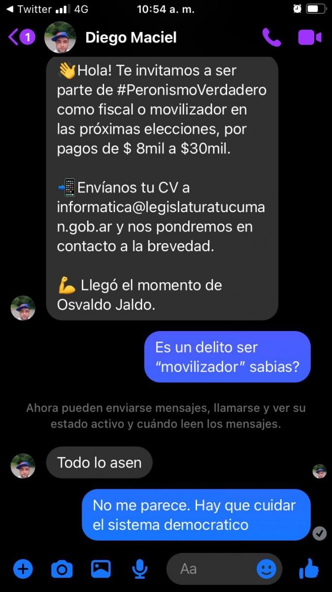 De $8.000 a $30.000 para ser fiscal o movilizador: el mensaje que indignó a un militante en Tucumán