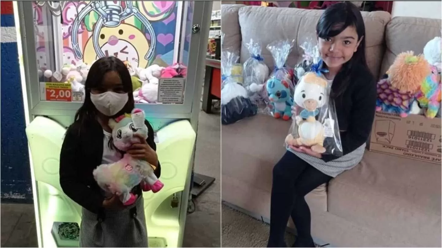 Niña que sacó más de 50 peluches de la máquina. (Foto: Gentileza https://tribunadejundiai.com.br/).