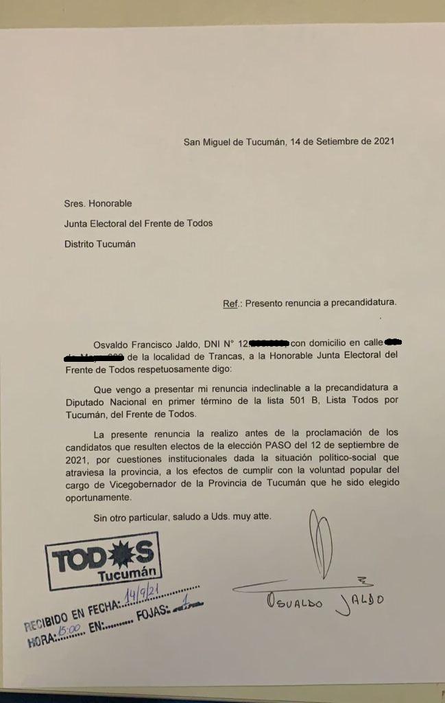 El documento de la renuncia de Jaldo. 