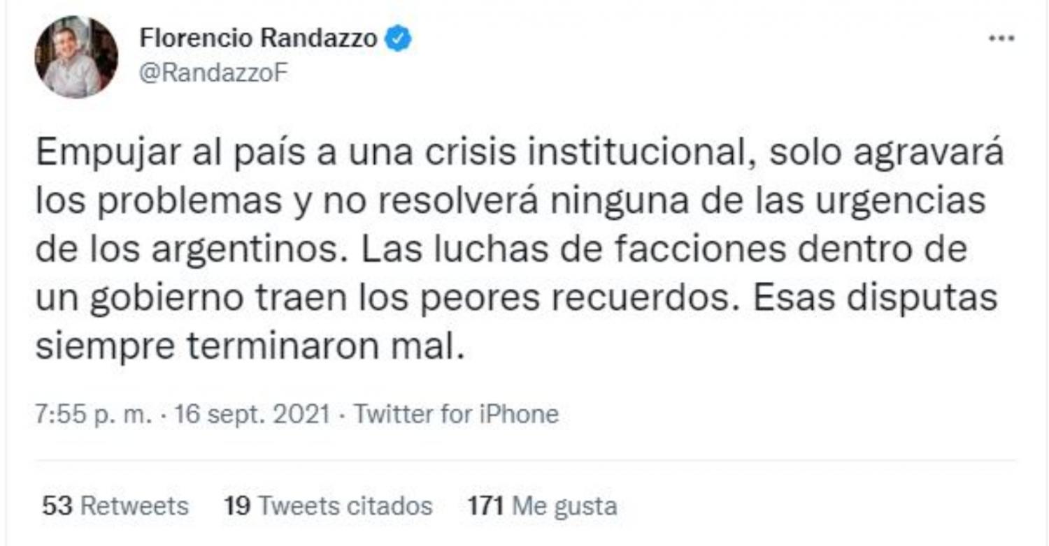 Randazzo: las luchas de facciones dentro de un gobierno traen los peores recuerdos