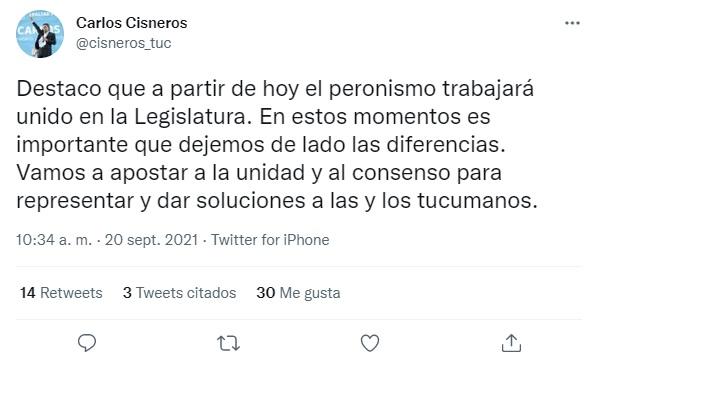 Es hora de que dejemos de lado las diferencias; el peronismo trabajará unido, dijo Cisneros