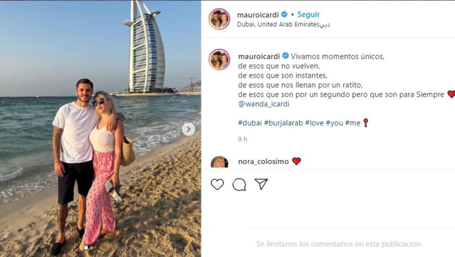 El mensaje de Mauro Icardi para Wanda Nara: vivamos momentos únicos, de esos que no vuelven