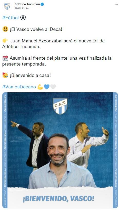 ¡Bienvenido, Vasco!: Atlético confirmó que Azconzábal asumirá para la temporada 2022