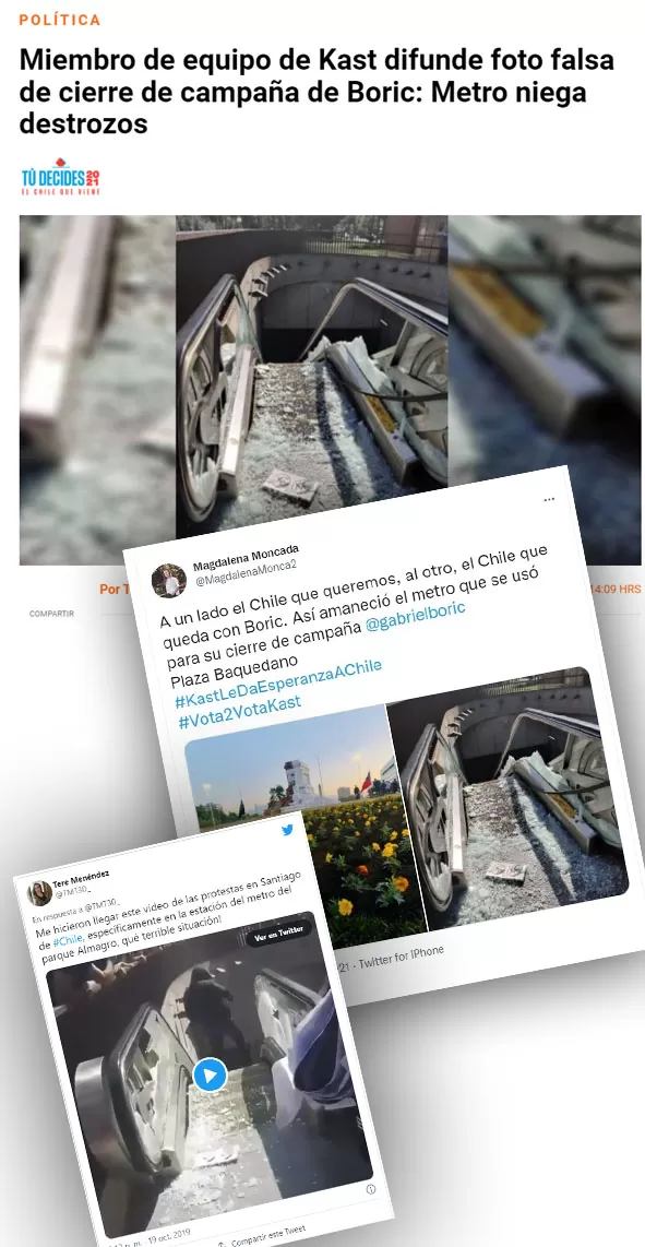 FALSEDAD. Varias cuentas de Twitter difundieron que seguidores Boric destrozaron una estación de subte.  