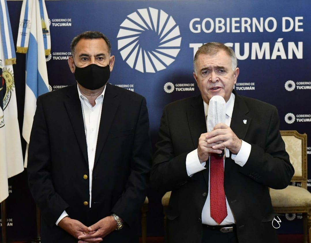 EN CASA DE GOBIERNO. Jaldo, junto al vicepresidente primero de la Legislatura, Regino Amado, en diálogo con la prensa. Foto: Prensa Gobernación