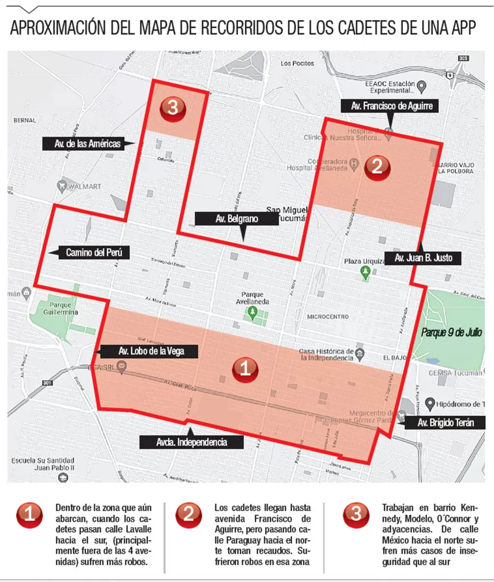 Mapa de recorridos de los cadetes de una app.