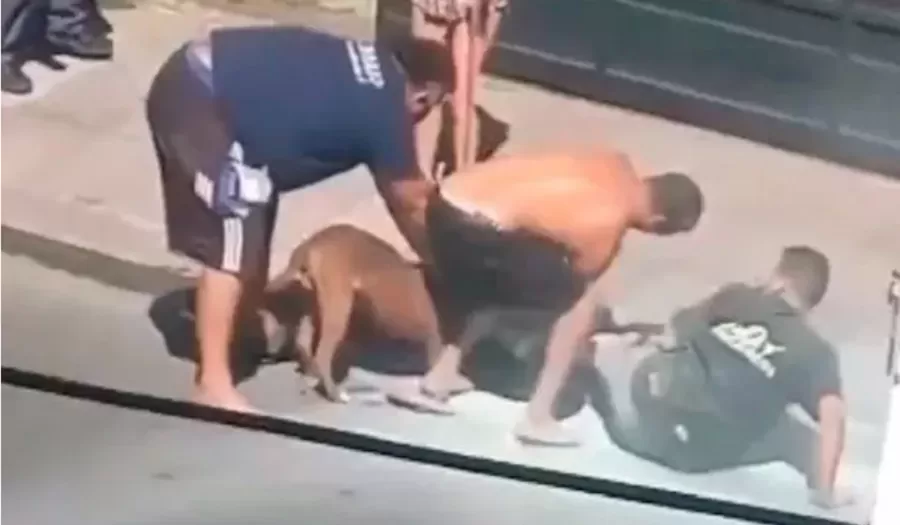 EL PERRO NO QUERÍA SOLTAR. Momento en el que los vecinos tratan de soltar de las fauces del animal al pobre albañil. 