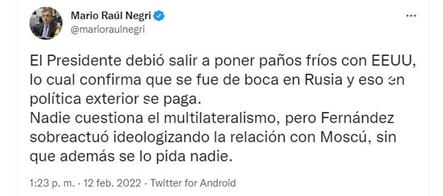 Mario Negri cuestionó a Alberto Fernández tras la aclaración de sus dichos sobre EEUU