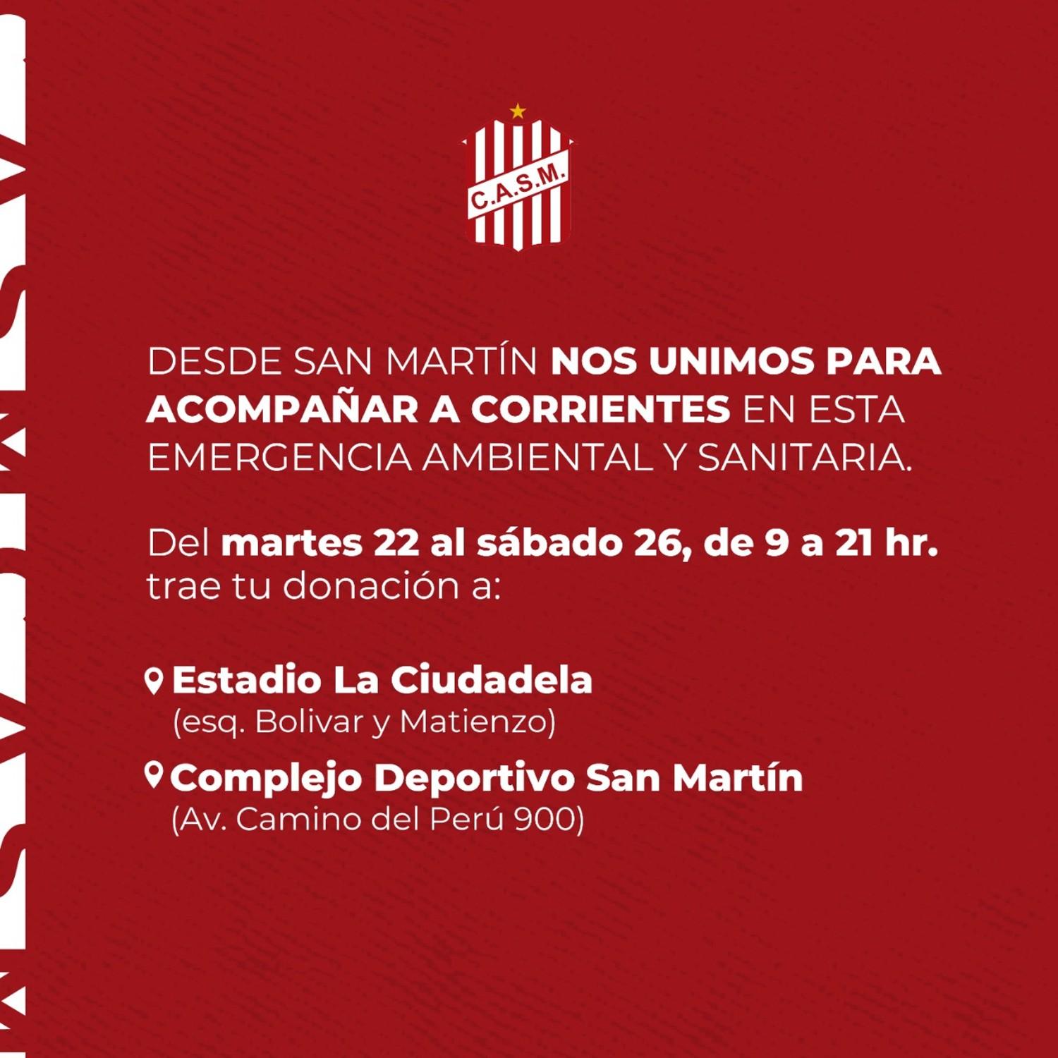 San Martín se suma a la campaña solidaria por Corrientes