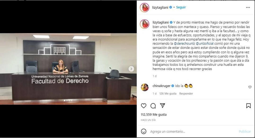 La alegría de Lizy Tagliani tras aprobar un final de Derecho: Estoy cumpliendo lo que imaginé