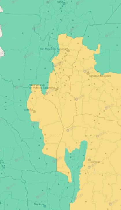 ALERTA AMARILLO. La advertencia del SMN cubre gran parte de la provincia. Imagen del Servicio Meteorológico Nacional