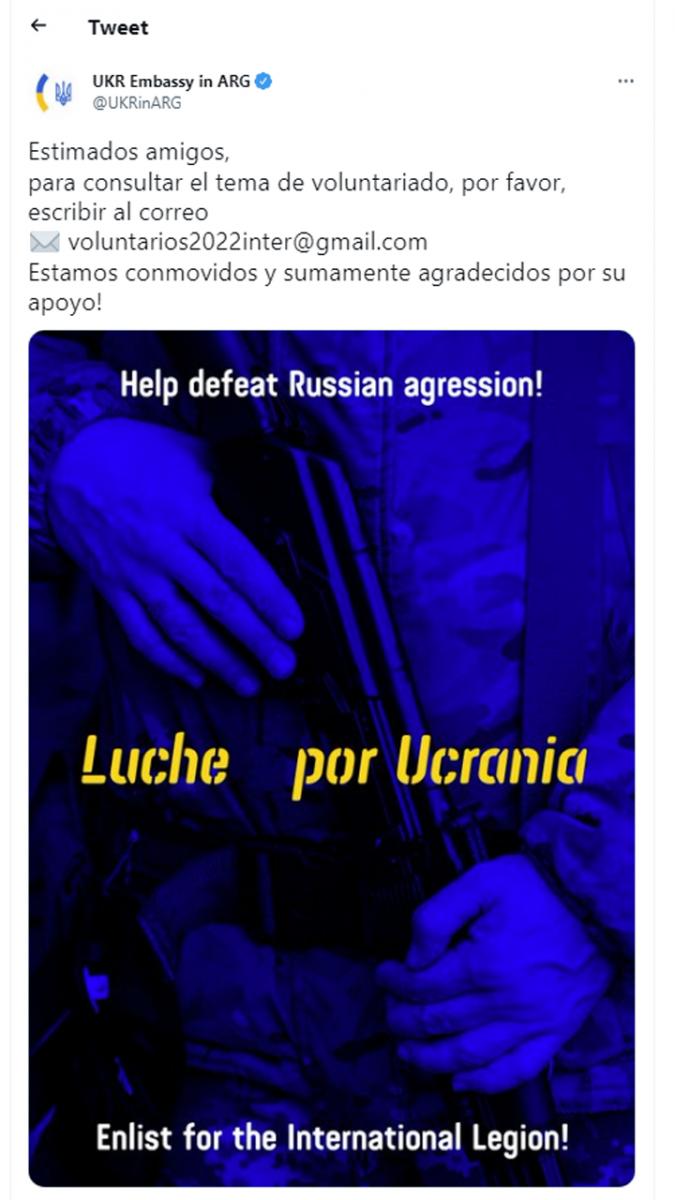 Ucrania recluta voluntarios argentinos para dar asistencia o combatir contra la invasión rusa