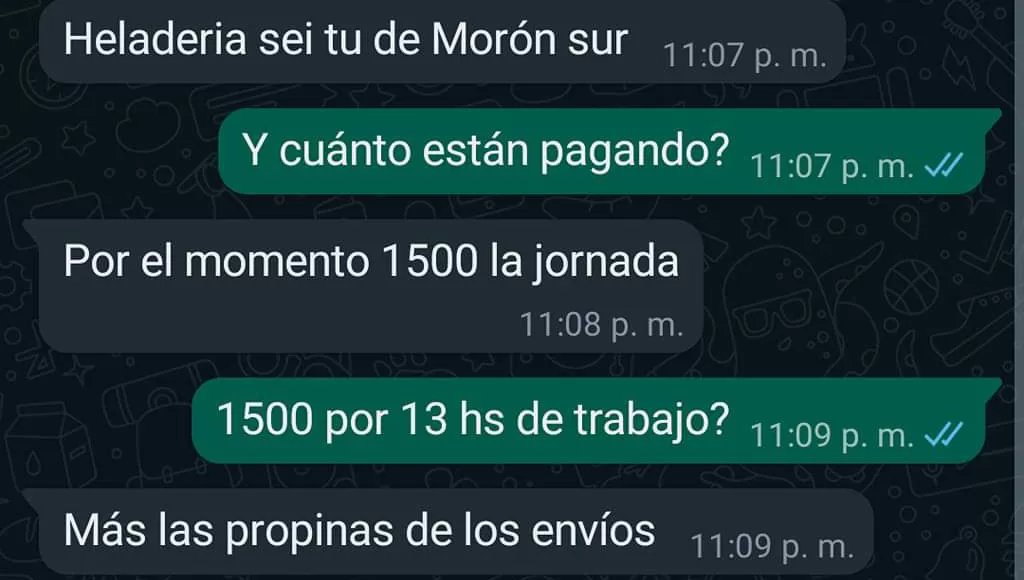 SORPRESA. Ofrecieron pagarle $ 1.500 por una jornada de 13 horas; los escrachó en las redes.