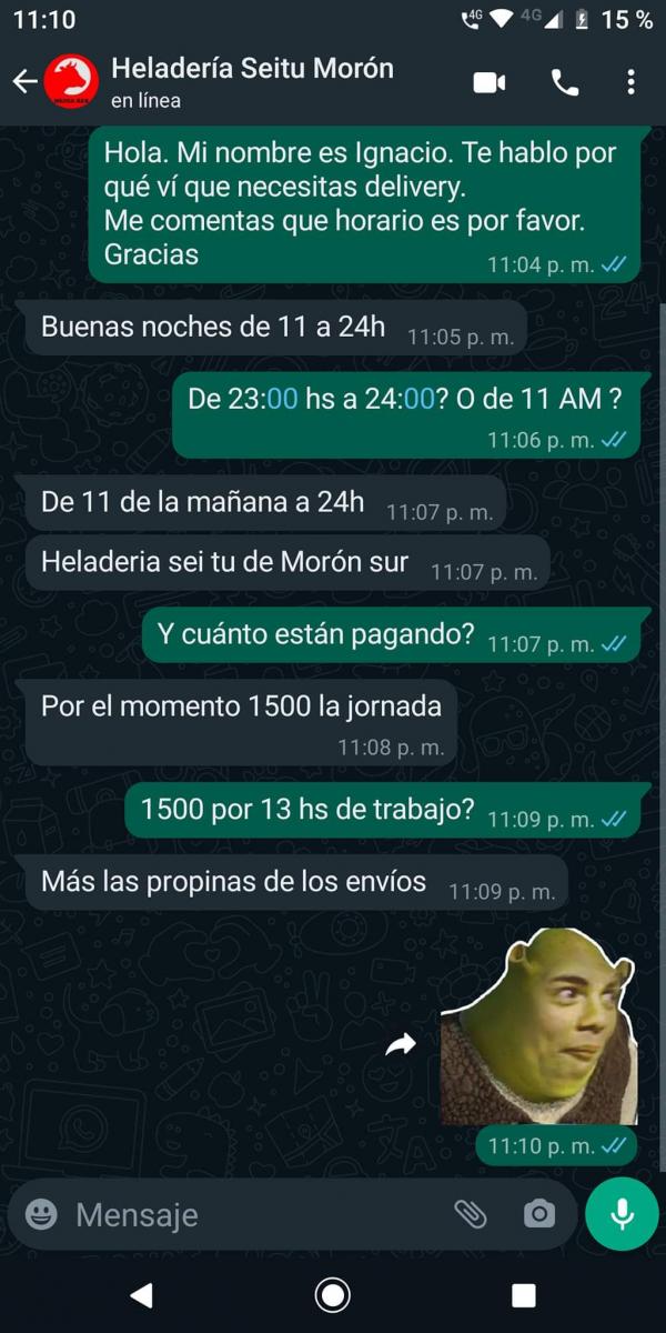 SORPRESA. Ofrecieron pagarle $ 1.500 por una jornada de 13 horas; los escrachó en las redes.