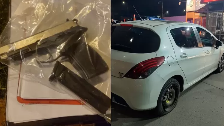 El arma incautada y el Peugeot 308 de la víctima.