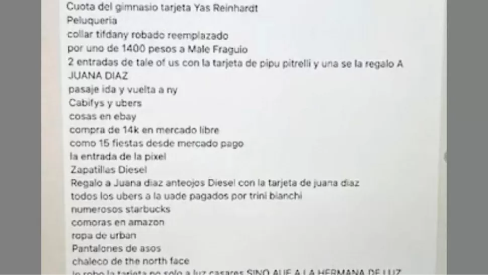 La lista completa de todos los gastos que realizó Lola con tarjetas robadas.