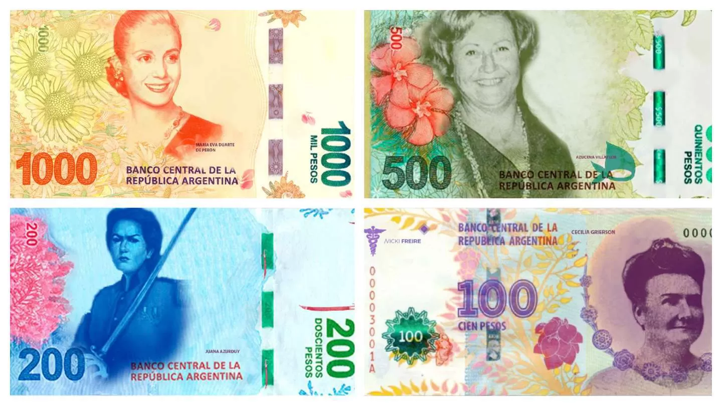 Ejemplo. Evita en el billete de 1000, Azucena Villaflor en el de 500, Juana Azurdy en el de 200, y Cecilia Grierson en el de 100. Foto: Twitter
