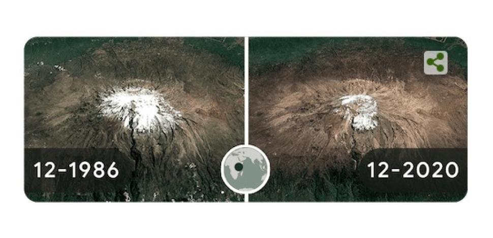 Retiro de glaciares en la cima del monte Kilimanjaro en Tanzania desde diciembre de 1986 hasta 2020. 