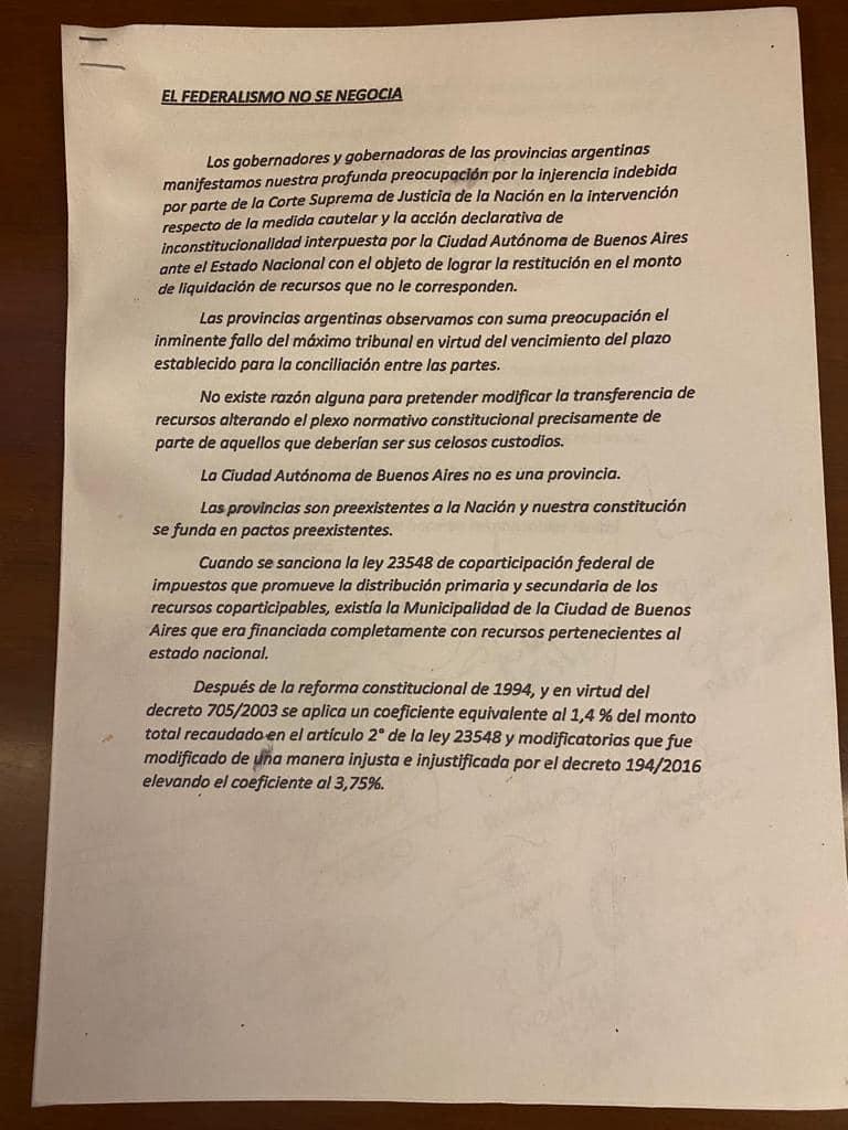 La carta de Jaldo y gobernadores peronistas en medio de la disputa con CABA: el Federalismo no se negocia