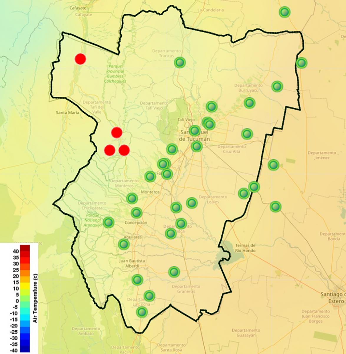 En color verde: heladas suaves (0 ° y -2 °). En rojo: heladas severas (-4 ° y -6 °).