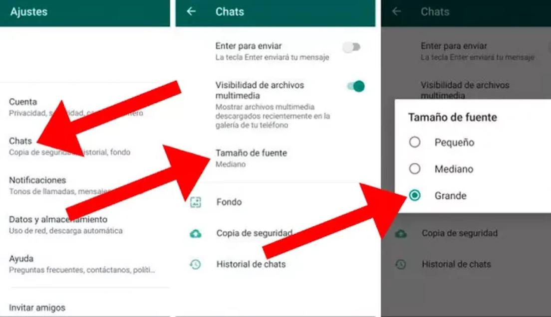 WhatsApp. La opción para modificar el tamaño de letra.