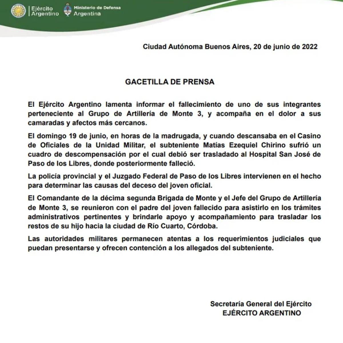 Comunicado del Ejército Argentino.