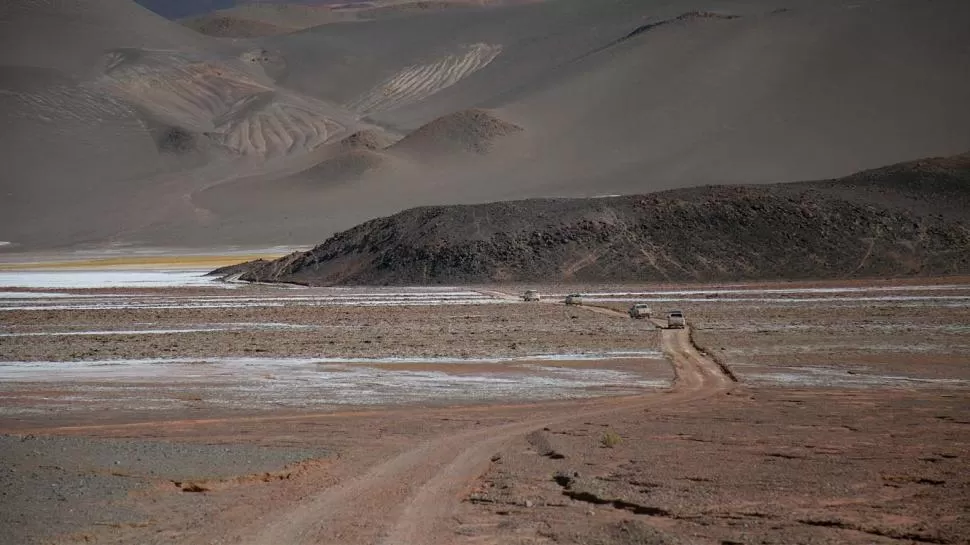 UNA HUELLA EN LA ARENA. La caravana abandona la ruta asfaltada para explorar la Puna por caminos de roca y tierra