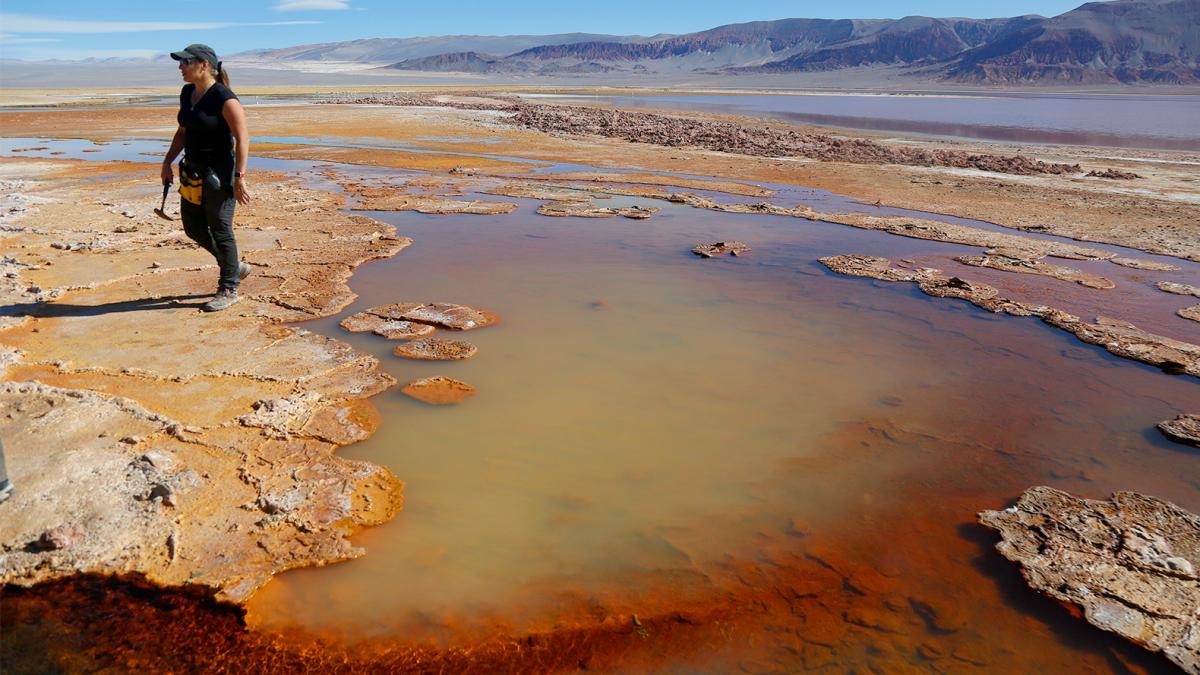 Farías camina entre los tapetes bacterianos de las lagunas de la Puna