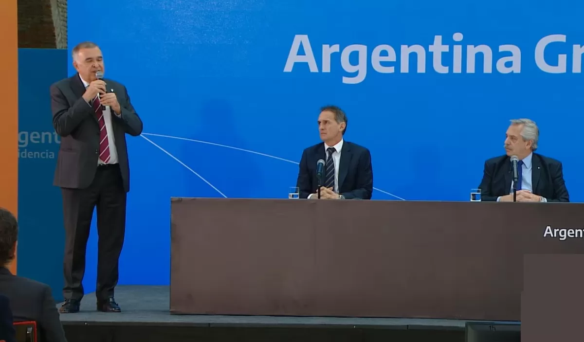 EN CONFERENCIA DE PRENSA. El gobernador Jaldo, junto a Katopodis y a Alberto Fernández. Captura de Video