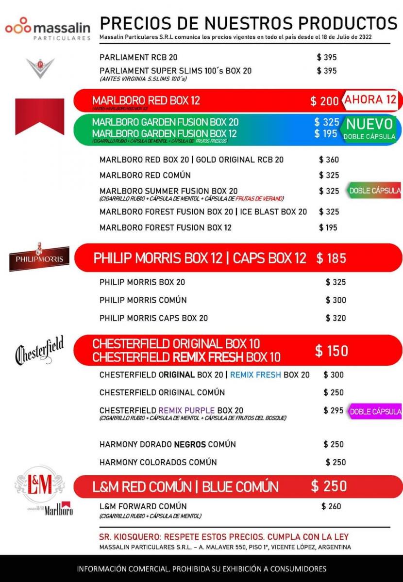 CIGARRILLOS. LA LISTA DE PRECIOS SUGERIDOS AL PÚBLICO. Foto de InfoKioscos