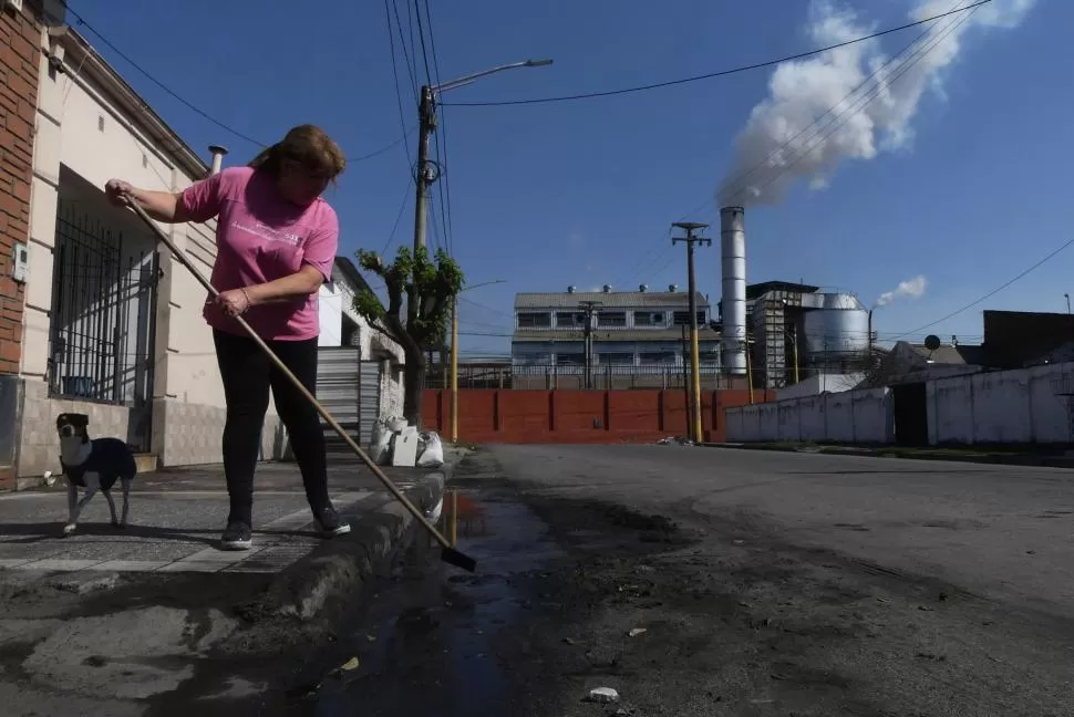 INSUFRIBLE. Una vecina de Aguilares trata de limpiar el hollín que cae en su vereda y en la calle, y que además, aseguró, tapa las canaletas de su casa. la gaceta / fotos de Osvaldo Ripoll