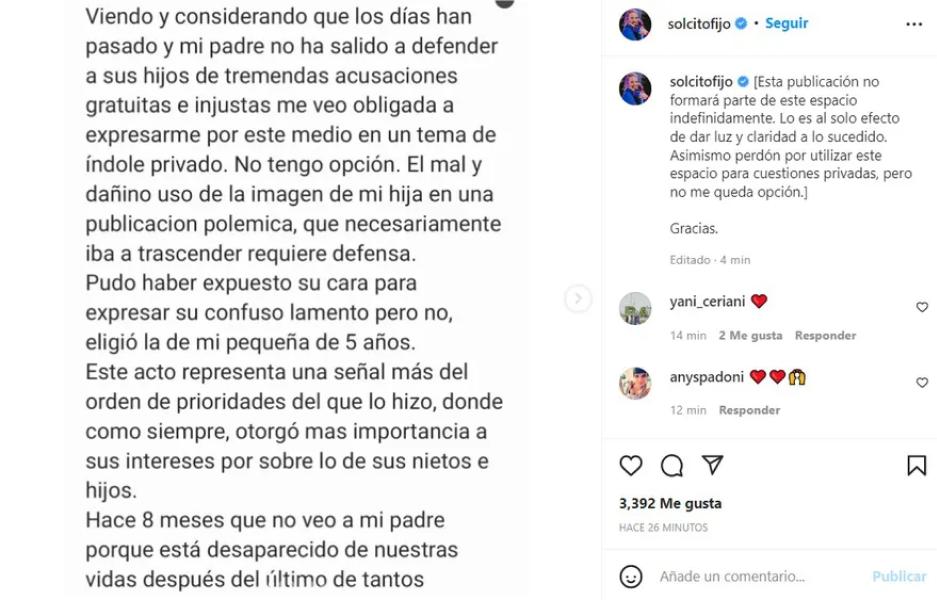 El descargo de Sol en Instagram.