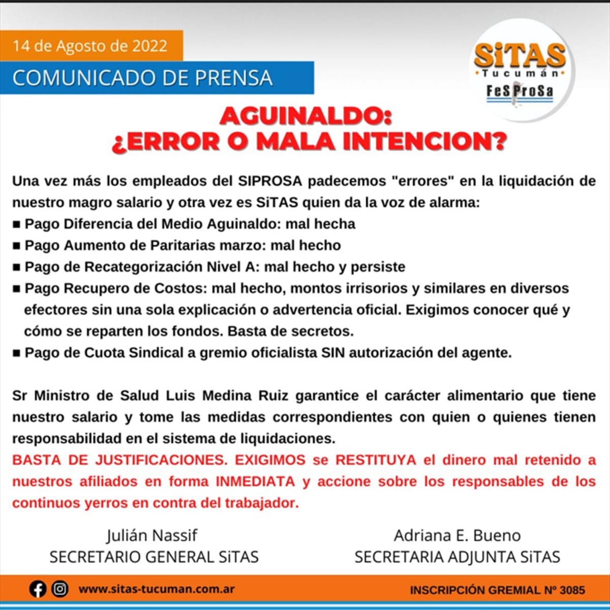 “¿Error o mala intención?” Sitas denuncia irregularidades en la liquidación de haberes del Siprosa