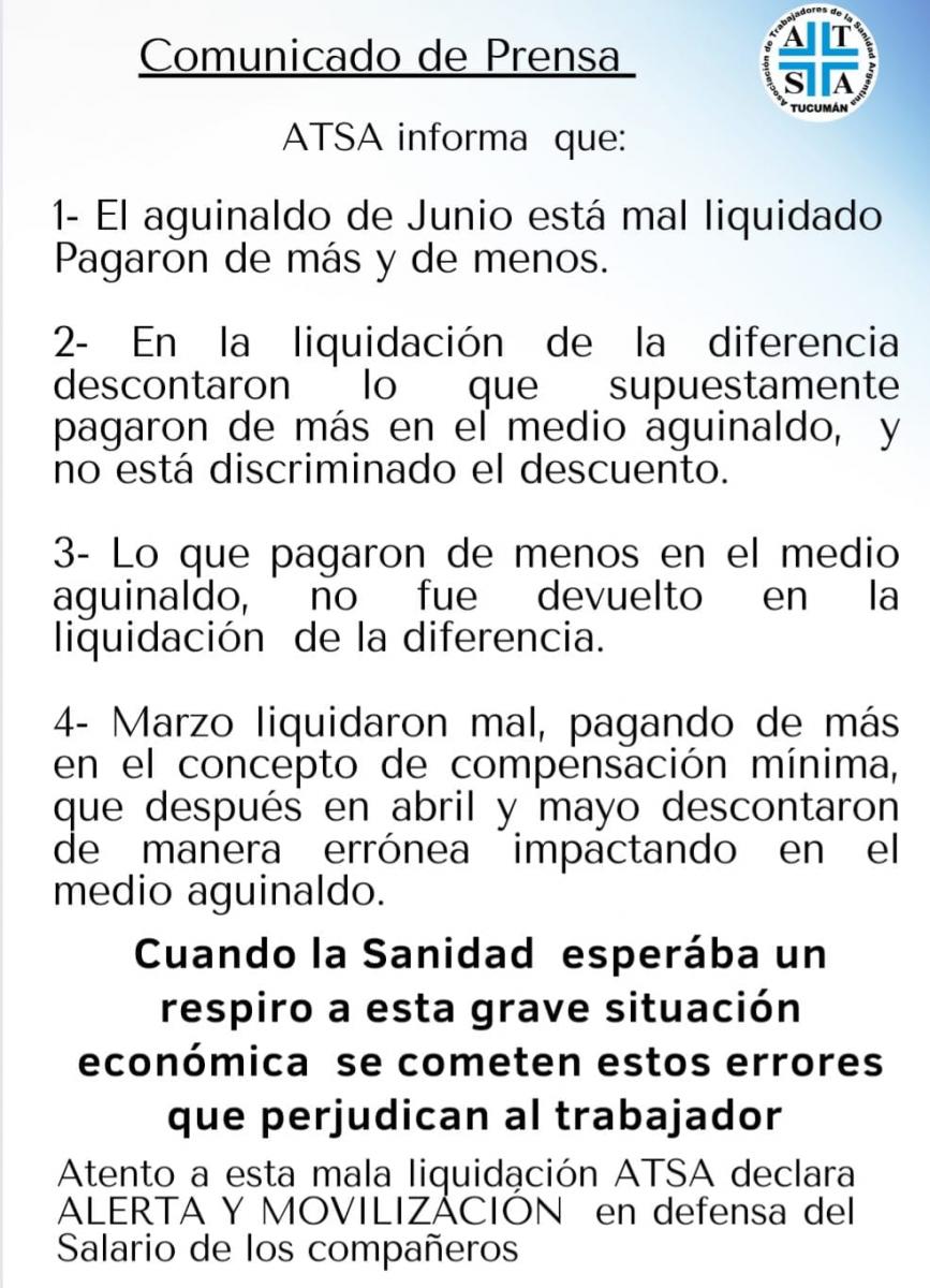 Conflicto por la liquidación de aguinaldos: ATSA se declaró en estado de alerta y movilización