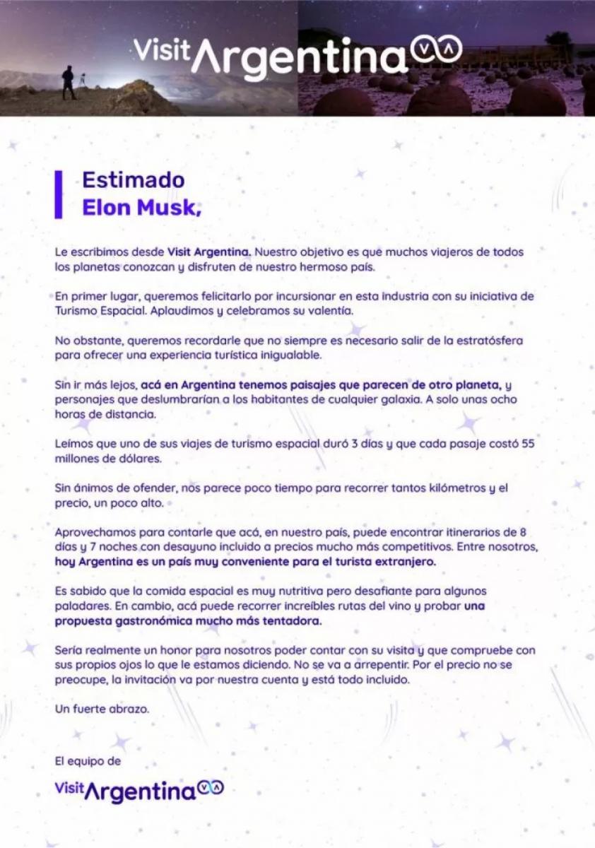 ,La invitación a Elon Musk para conocer Argentina