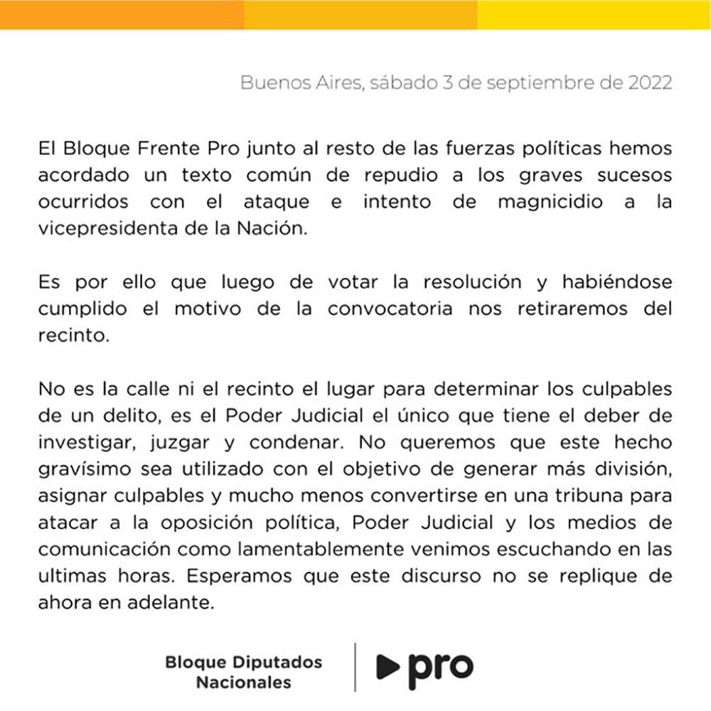 El Pro se retiró de la sesión de Diputados, tras acordar un texto de repudio al atentado