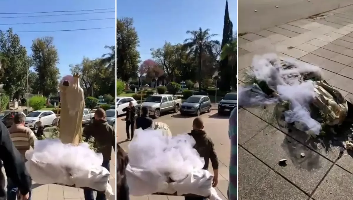 Dramática caída de la estatua de la Virgen de la Merced en San Justo 