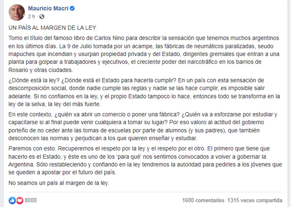 Foto tomada de Facebook: Mauricio Macri.