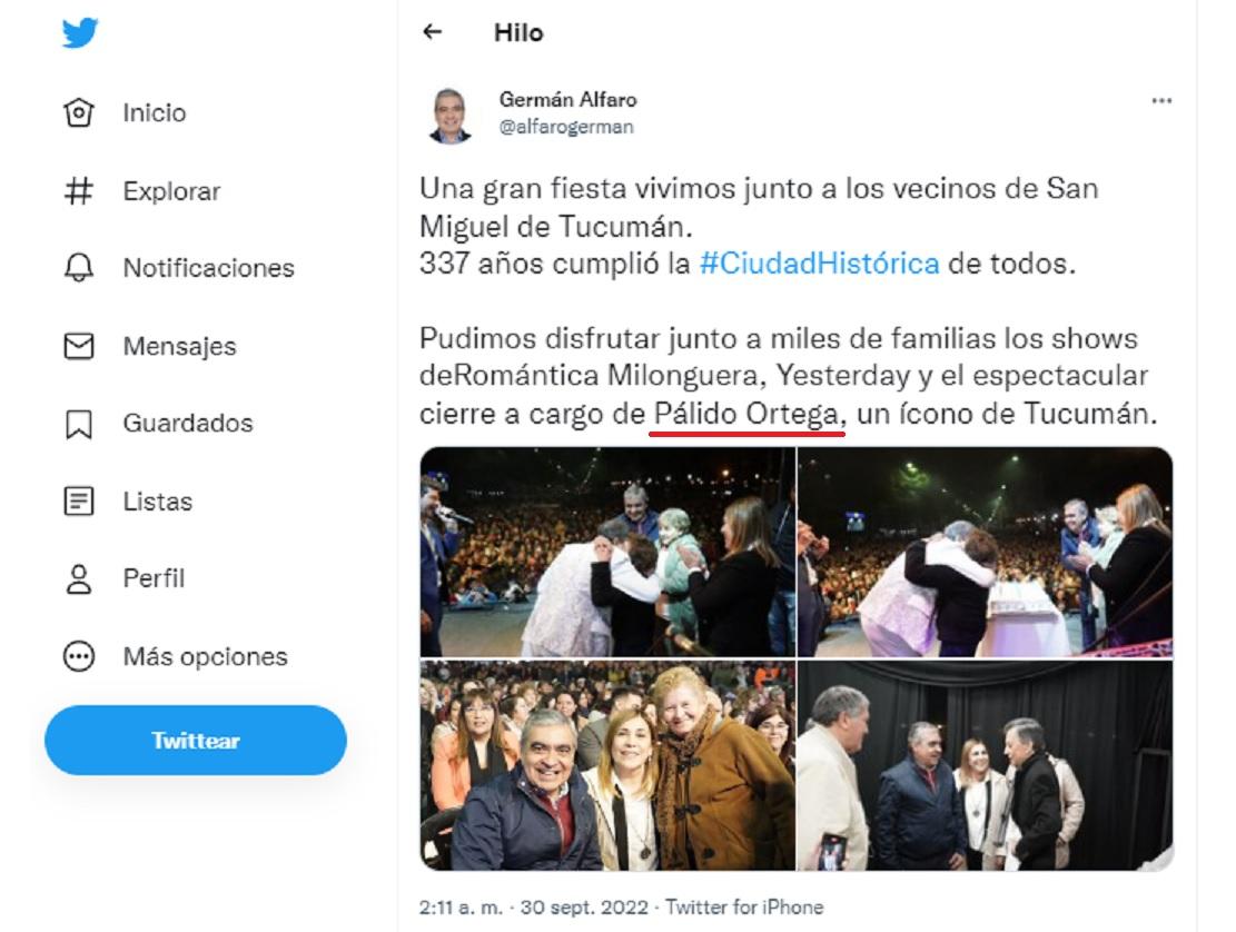 EN LAS REDES SOCIALES. La publicación de Alfaro que menciona a 