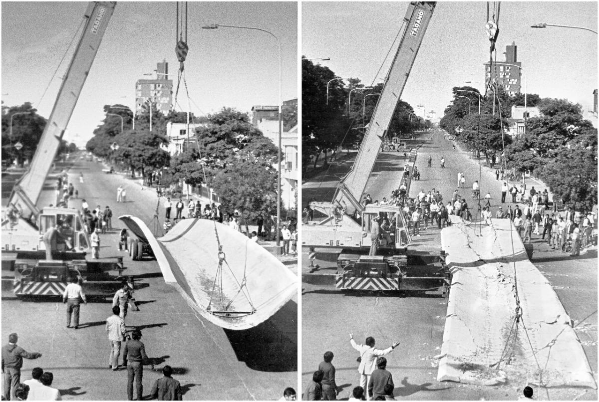 EL PUENTE DESTRUIDO. Cuando montaban la antigua estructura en Mate de Luna al 2.000 falló la grúa. Hubo que hacerlo de nuevo.
