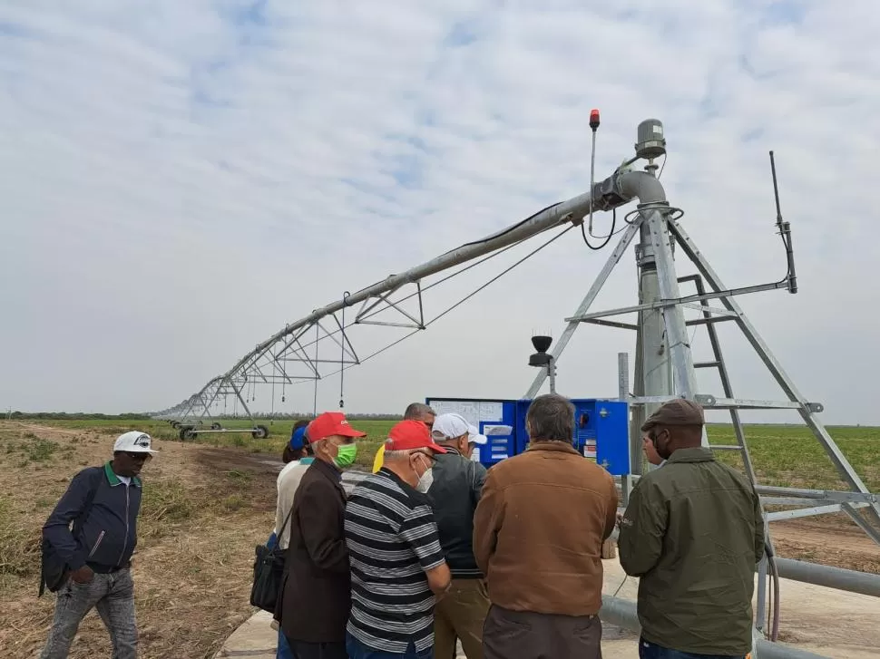 VISITAS A CAMPO. Los especialista en degradación de suelos y biólogos observaron la tecnología que se emplea para el riego.  