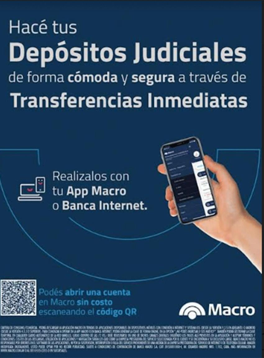 Banco Macro permite realizar depósitos judiciales también con transferencias inmediatas