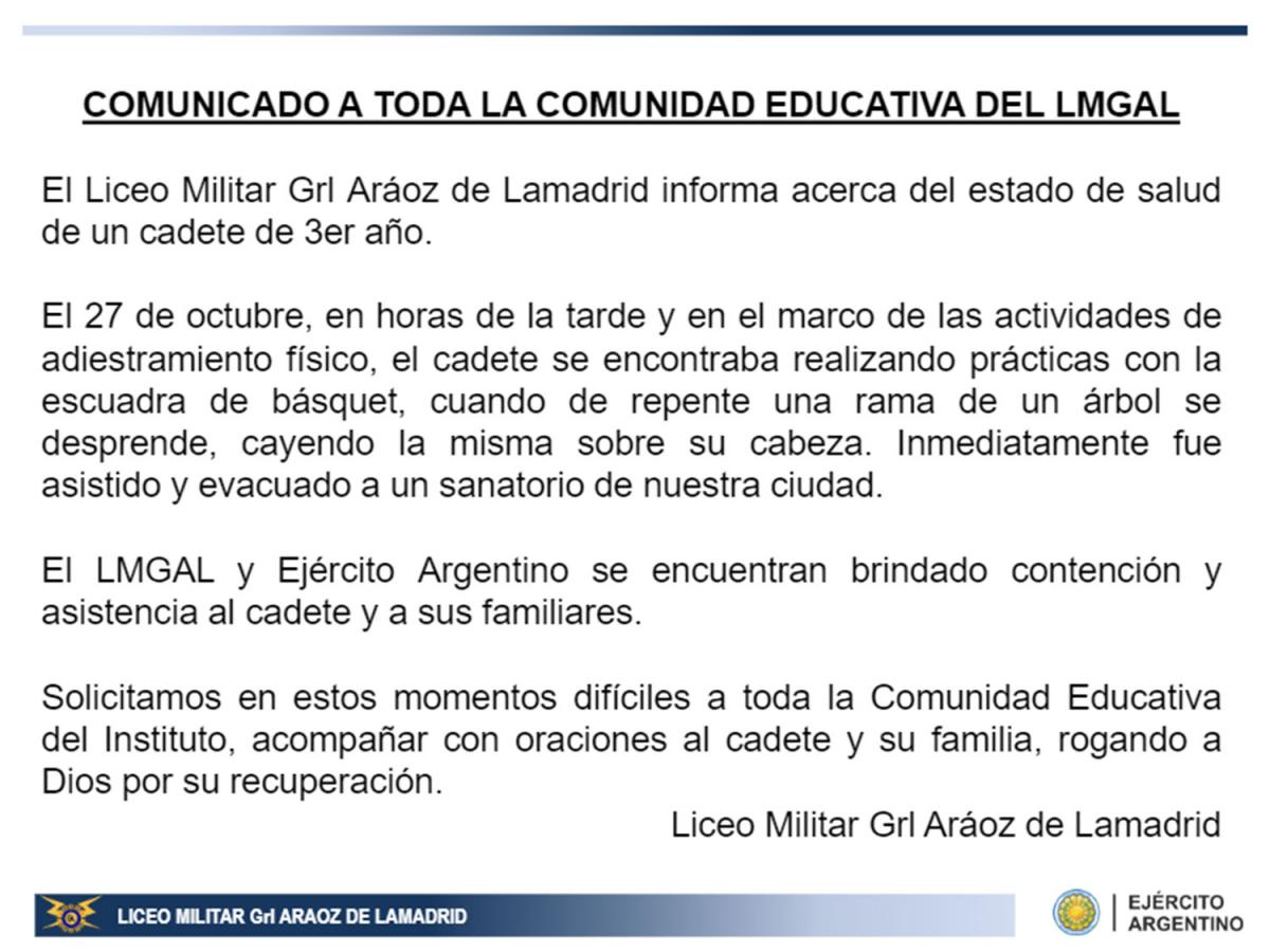 COMUNICADO. El Liceo Militar pidió oraciones para la pronta recuperación del adolescente lastimado.