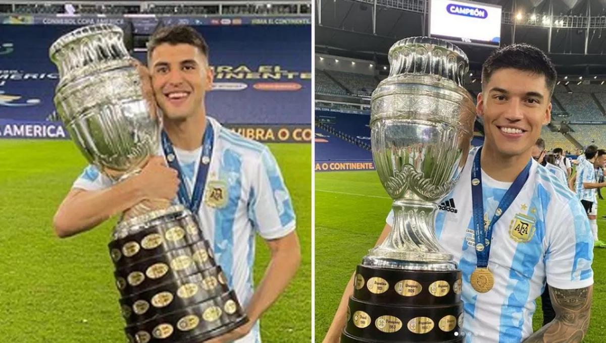 CAMPEONES. Exequiel Palacios y Joaquín Correa levantaron la Copa América en el Maracaná.