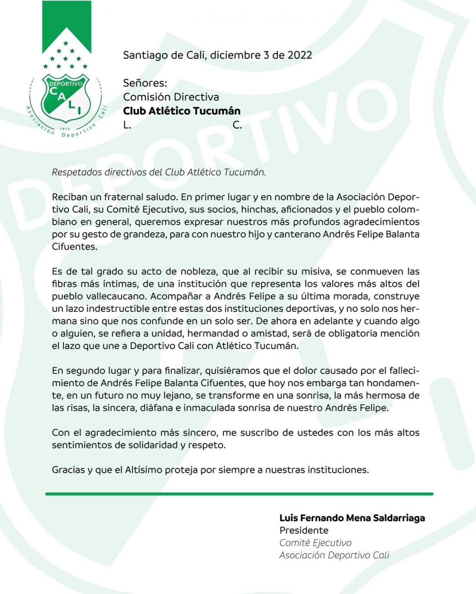 La carta de Deportivo Cali.