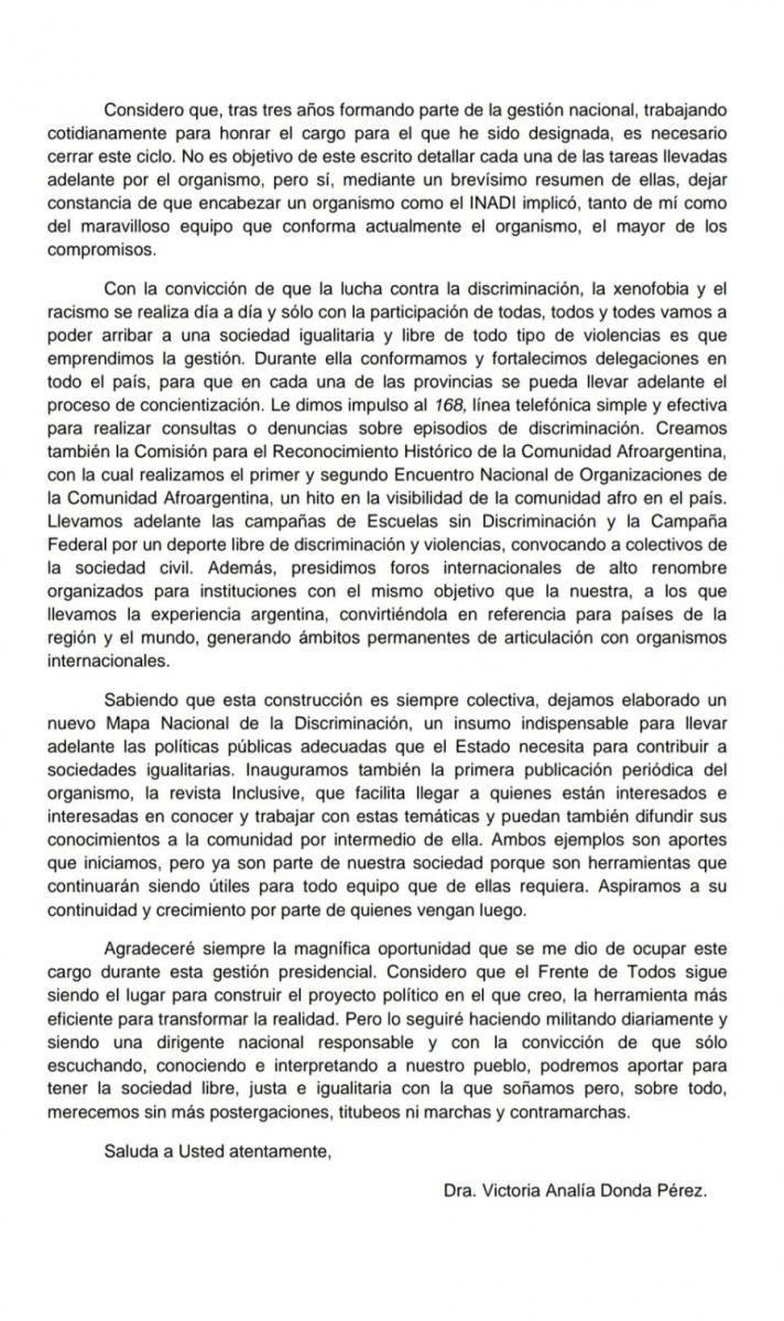 La carta de Victoria Donda en la que explica su renuncia